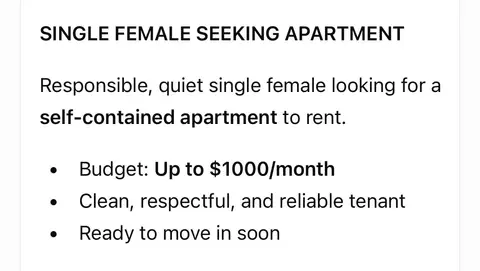 SEEkING- Single professional female looking for a self contained apartment